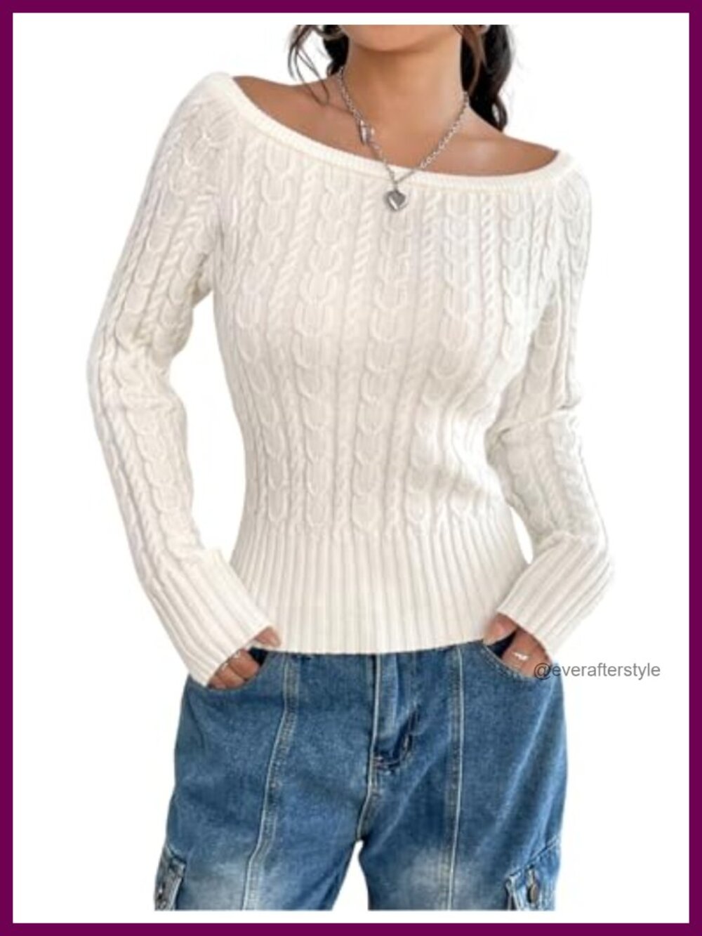 Cable Knit Sweater Boat Neck Off Shoulder Long Sleeve Pullover Slim Fit